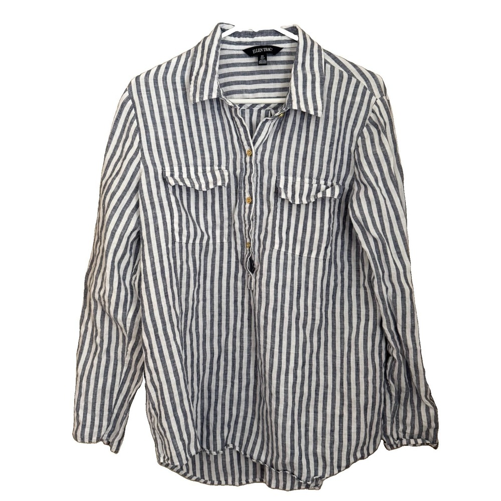 Ellen Tracy Striped Linen Popover Top L Roll Tab Sleeve Coastal Beach Nautical